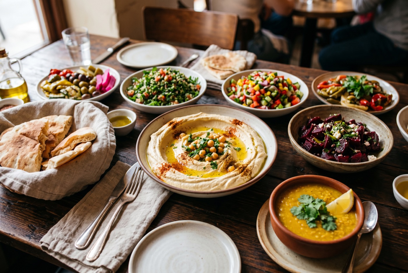 Salate, Suppen & Hummus — Mezze-Spread mit Hummus